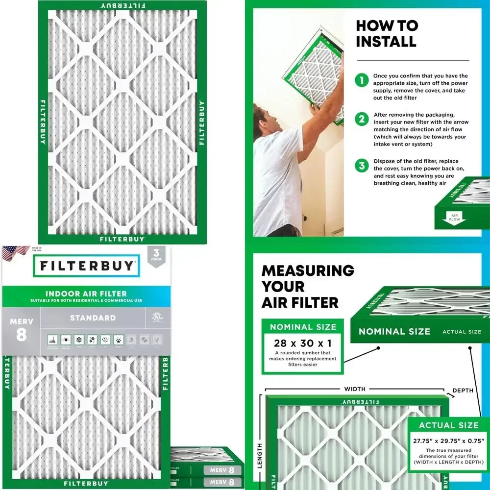 3-Pack MERV 8 Pleated Air Filters for Dust and Allergy Relief, HVAC AC Furnace Replacement Filters (Actual Size: 27.75 x 29.75 x
3-Pack MERV 8 Pleated Air Filters for Dust and Allergy Relief, HVAC AC Furnace Replacement Filters (Actual Size: 27.75 x 29.75 x