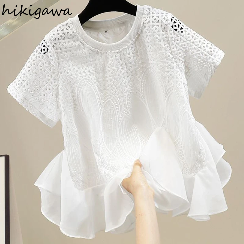 Белые женские блузки 2025 Blusas Mujer De Moda, рубашки с короткими рукавами и круглым вырезом, лоскутные шифоновые топы с оборками, летняя блузка с вырезами
Белые женские блузки 2025 Blusas Mujer De Moda, рубашки с короткими рукавами и круглым вырезом, лоскутные шифоновые топы с оборками, летняя блузка с вырезами