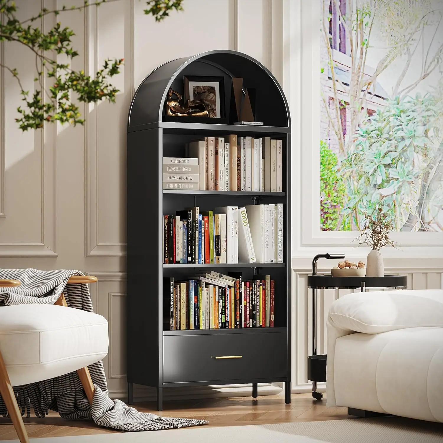 73" Arched Bookcase Cabinet 5-Tier Metal Bookshelf with Drawer Living Room Home Office 30.7"W x 15.4"D x 72.8"H Customized
73" Arched Bookcase Cabinet 5-Tier Metal Bookshelf with Drawer Living Room Home Office 30.7"W x 15.4"D x 72.8"H Customized