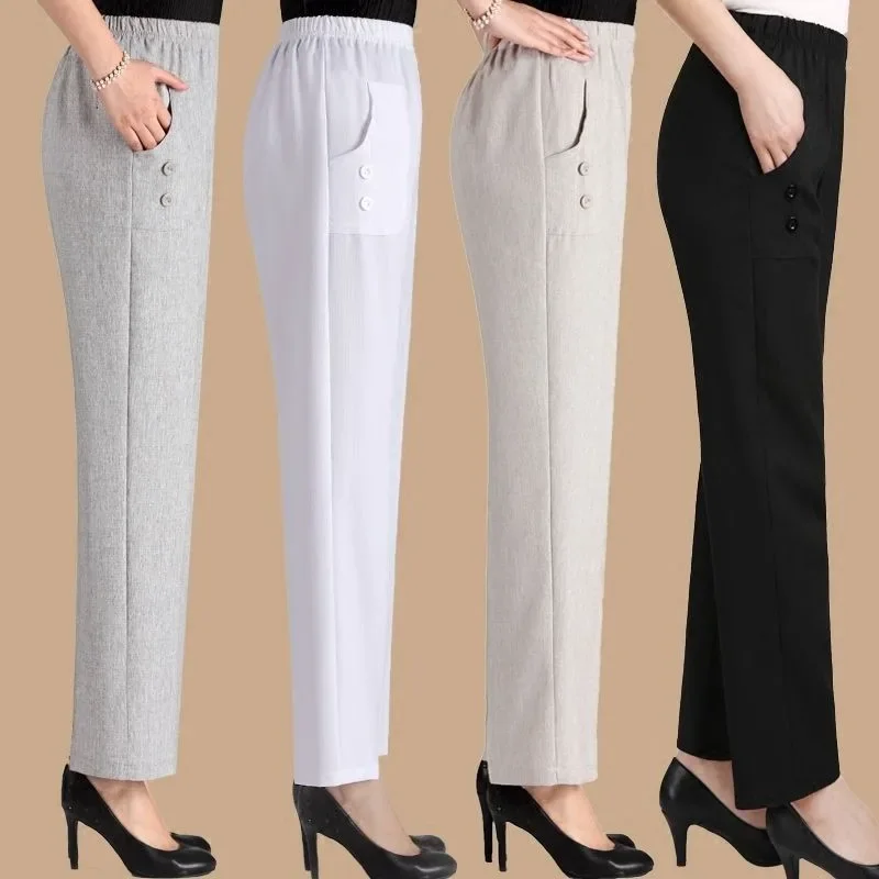 Middle Aged Female Pants Spring Summer Loose Mother Cotton Linen Straight Pant Women Elastic High Waist Thin Trousers 5XL W2231
Middle Aged Female Pants Spring Summer Loose Mother Cotton Linen Straight Pant Women Elastic High Waist Thin Trousers 5XL W2231