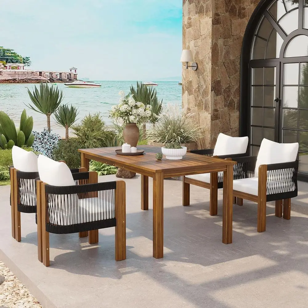 Luxury 5-Piece Outdoor Dining Set with Acacia Wood Table and Rope Chairs for Patio, Garden, or Poolside (Brown & Black)
Luxury 5-Piece Outdoor Dining Set with Acacia Wood Table and Rope Chairs for Patio, Garden, or Poolside (Brown & Black)