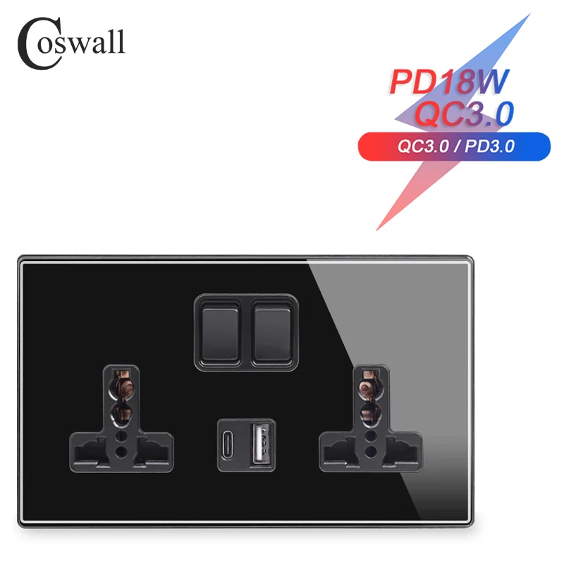 COSWALL PD 18W Type-C,QC3.0 Type-A USB Quick Charge Port,Glass Panel Double Universal Power Socket Switched Earthed,146*86mm
COSWALL PD 18W Type-C,QC3.0 Type-A USB Quick Charge Port,Glass Panel Double Universal Power Socket Switched Earthed,146*86mm