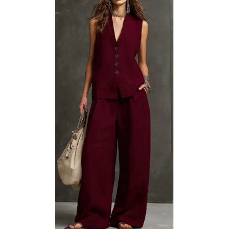 Women's Solid Color New Casual 2 Piece Fashionable Sleeveless V Neck Vest Jacket and High Waisted Wide Leg Pants Set
Women's Solid Color New Casual 2 Piece Fashionable Sleeveless V Neck Vest Jacket and High Waisted Wide Leg Pants Set