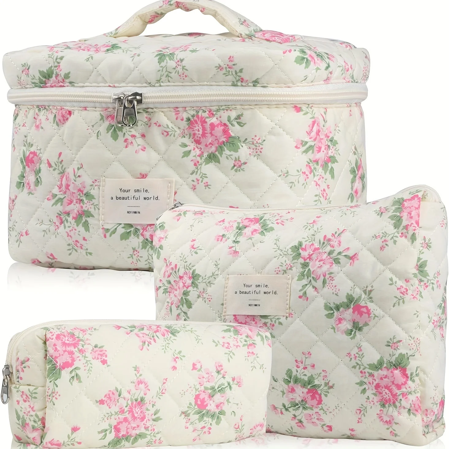 Women's Cotton Floral Cosmetic Bag Set - 3-Piece Portable Travel Toiletry Organizer Pouch - Cute Quilted Pattern Makeup Bag with
Women's Cotton Floral Cosmetic Bag Set - 3-Piece Portable Travel Toiletry Organizer Pouch - Cute Quilted Pattern Makeup Bag with