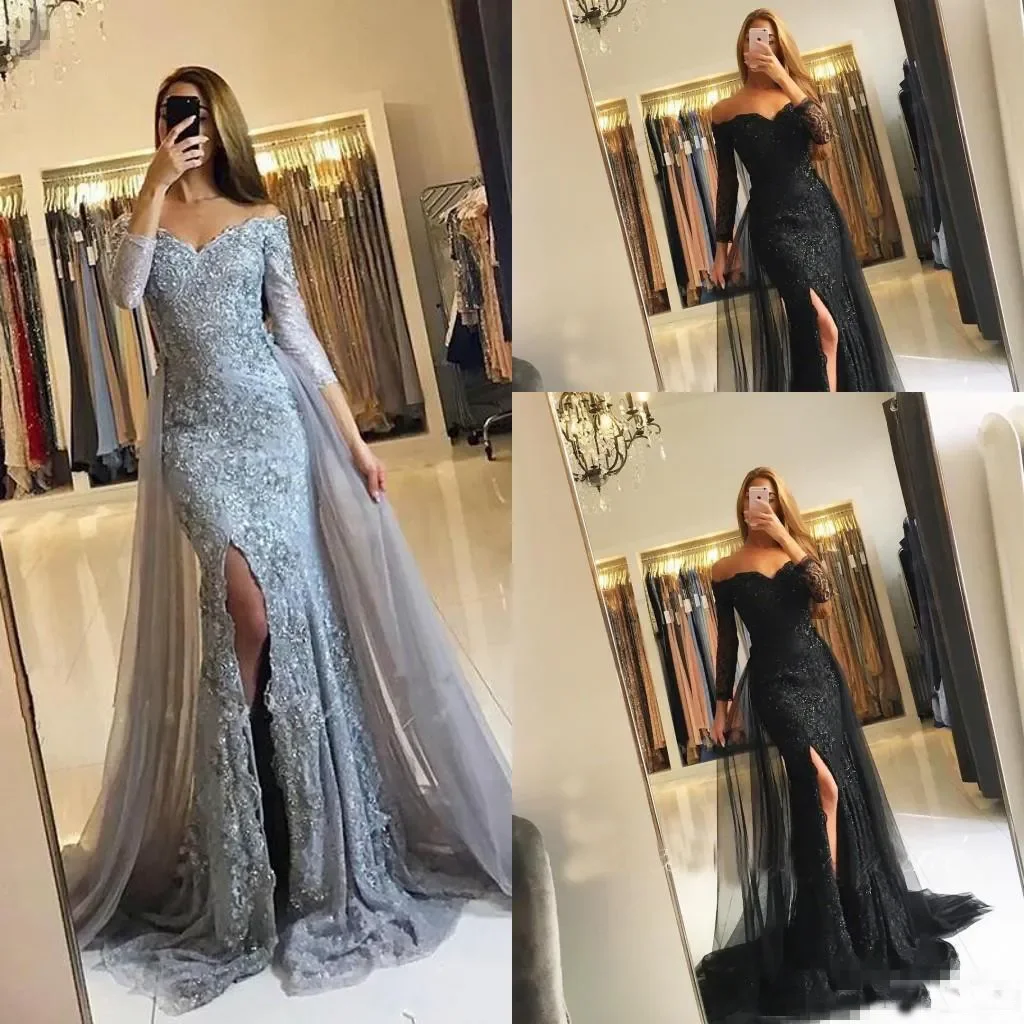 Silver Black Evening Dresses Long Sleeves Off Shoulder Overskirts Formal Arabic Dubai Mermaid Prom Gowns Split Side Party Gowns
Silver Black Evening Dresses Long Sleeves Off Shoulder Overskirts Formal Arabic Dubai Mermaid Prom Gowns Split Side Party Gowns