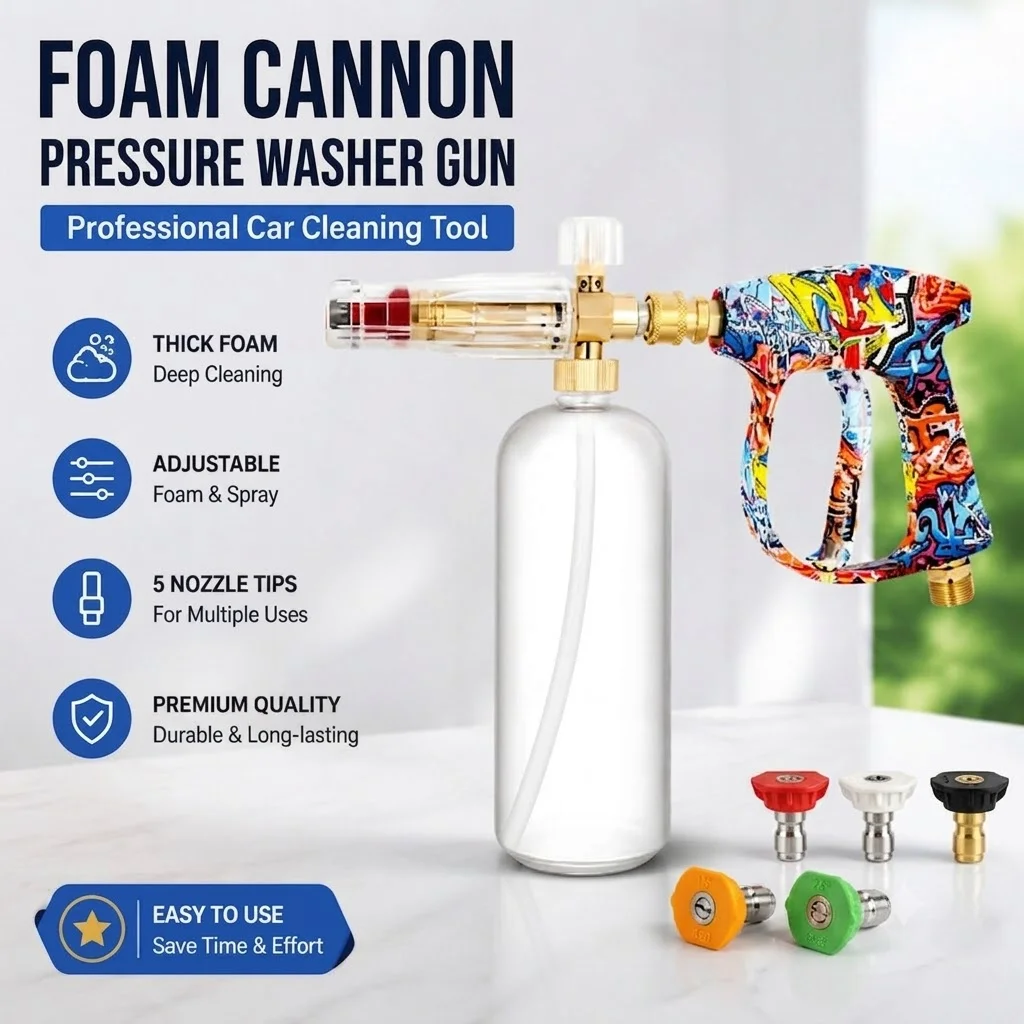 Practical Car Wash Kit, Painted Spray Gun, Small Mouth Foam Pot & 5 Color Nozzles for Household Use
Practical Car Wash Kit, Painted Spray Gun, Small Mouth Foam Pot & 5 Color Nozzles for Household Use