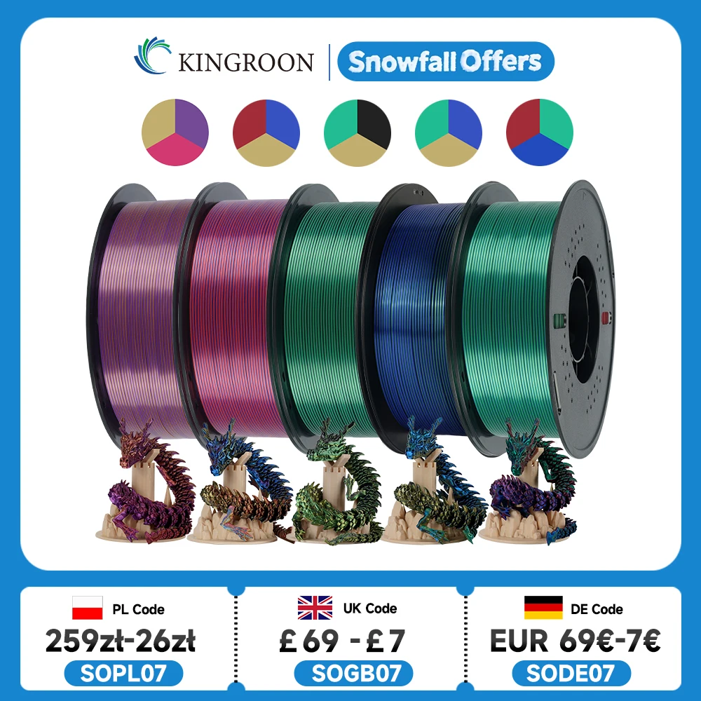 KINGROON 5KG Silk Tricolor PLA Filament 1.75mm, Three-colour Coextrusion 3D Printing Material, New Color Change, 5Roll 1kg/Spool
KINGROON 5KG Silk Tricolor PLA Filament 1.75mm, Three-colour Coextrusion 3D Printing Material, New Color Change, 5Roll 1kg/Spool