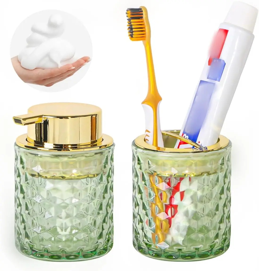 Glass Bathroom Accessories Set 2pcs Foaming Soap Dispenser and Toothbrush Holder for Countertop with Gold Decor
Glass Bathroom Accessories Set 2pcs Foaming Soap Dispenser and Toothbrush Holder for Countertop with Gold Decor