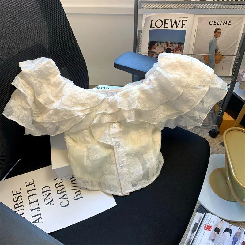 French Elegant Ruffle Women Blouse Y2K Summer Sexy One Shoulder Flying Sleeves Crop Tops Female Fashion Slim White Shirt New
French Elegant Ruffle Women Blouse Y2K Summer Sexy One Shoulder Flying Sleeves Crop Tops Female Fashion Slim White Shirt New