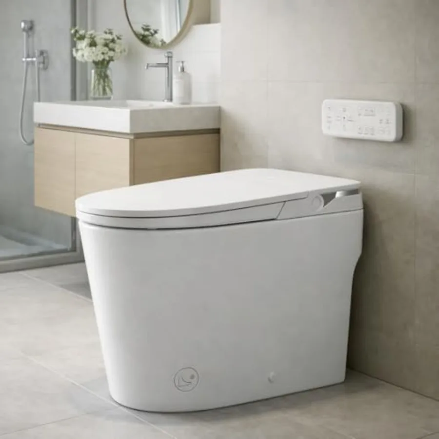 Smart toilet with bidet for home use, ABS plastic body, white color, auto open/close lid, heated seat, warm water wash, warm ai
Smart toilet with bidet for home use, ABS plastic body, white color, auto open/close lid, heated seat, warm water wash, warm ai