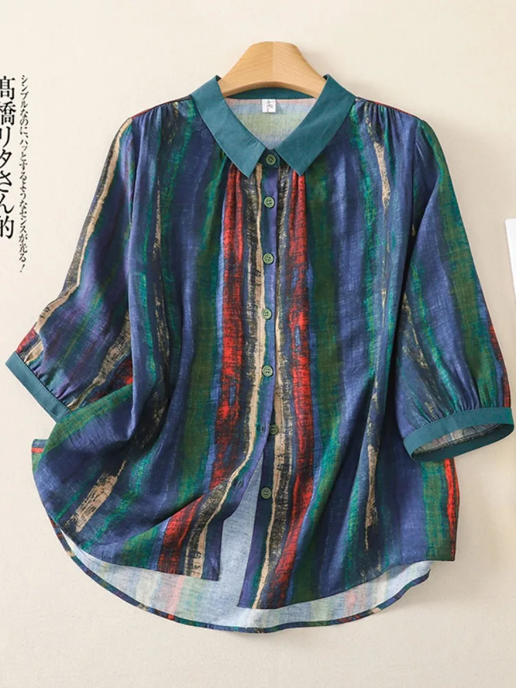Fashionable Striped Linen Shirt Women Summer Loose Short Sleeve Turn-down Collar Bold Color Block Mom Large Size Top
Fashionable Striped Linen Shirt Women Summer Loose Short Sleeve Turn-down Collar Bold Color Block Mom Large Size Top