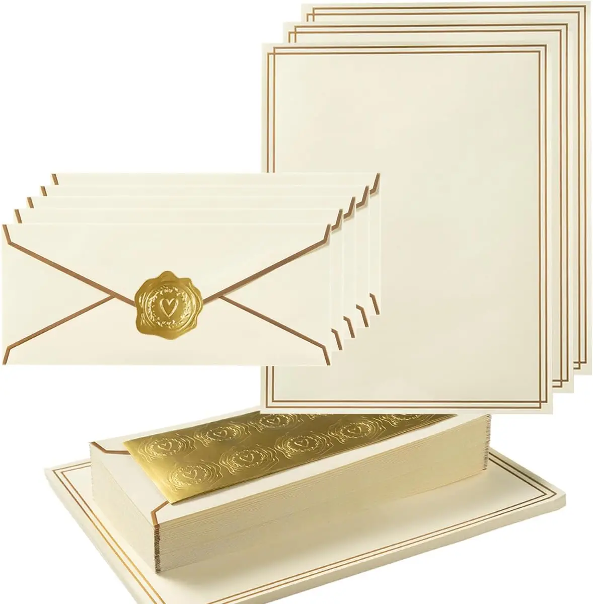 50 Pack Stationery Set with Gold Border, #10 Envelopes and 8.5x11 Paper Sheets for Letters, Cream
50 Pack Stationery Set with Gold Border, #10 Envelopes and 8.5x11 Paper Sheets for Letters, Cream