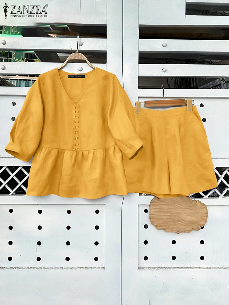 ZANZEA Holiday Elastic Waist Shorts 2PCS Outfits Short Sets Woman Summer V-Neck 3/4 Sleeve Ruffled Hem Tops Fashion 2 Piece Sets
ZANZEA Holiday Elastic Waist Shorts 2PCS Outfits Short Sets Woman Summer V-Neck 3/4 Sleeve Ruffled Hem Tops Fashion 2 Piece Sets