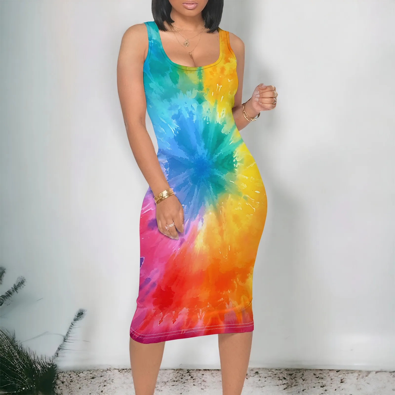 Rainbow Tie-Dye Print Midi Dress S-3XL Sleeveless Scoop Neck Bodycon Style for Pride Parade, Summer Fest or Afro Streetwear Look
Rainbow Tie-Dye Print Midi Dress S-3XL Sleeveless Scoop Neck Bodycon Style for Pride Parade, Summer Fest or Afro Streetwear Look