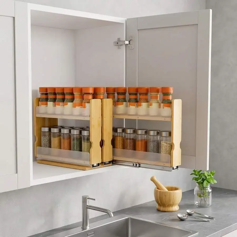 Bamboo Pull Out Spice Rack - Slide Out Seasoning Organizer For Cabinets, 8 Inch Narrow Design, Two-Tier Vertical Storage, Heavy
Bamboo Pull Out Spice Rack - Slide Out Seasoning Organizer For Cabinets, 8 Inch Narrow Design, Two-Tier Vertical Storage, Heavy