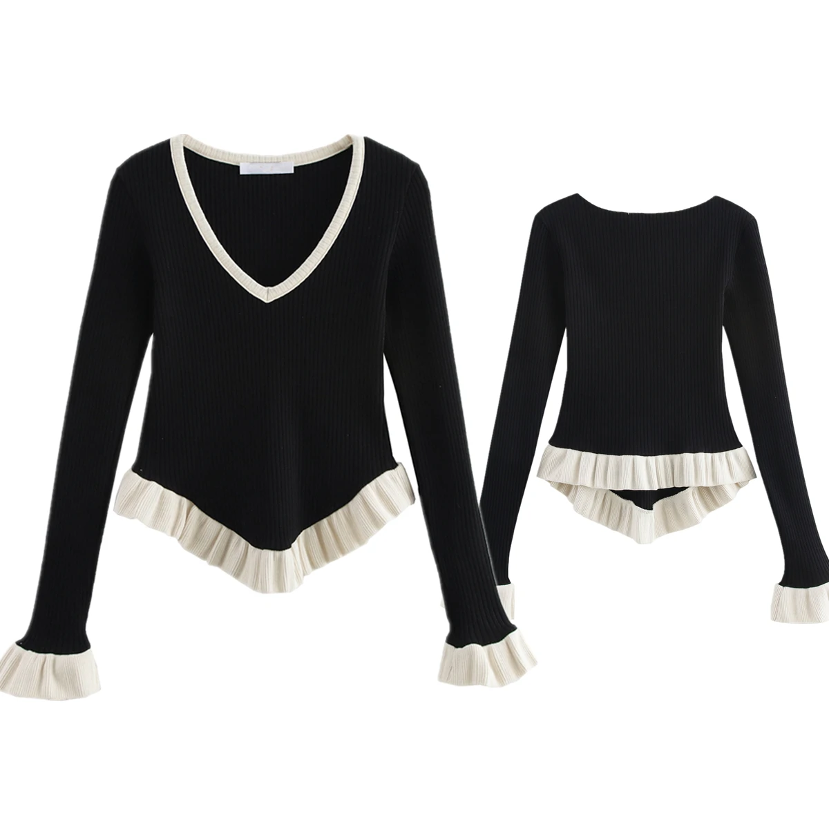 Dave&Di French Retro Color Blocked Ruffle Edge Knitted T-shirt Ribbed Top Long Sleeve Cropped T-shirts Women For Summer 
Dave&Di French Retro Color Blocked Ruffle Edge Knitted T-shirt Ribbed Top Long Sleeve Cropped T-shirts Women For Summer