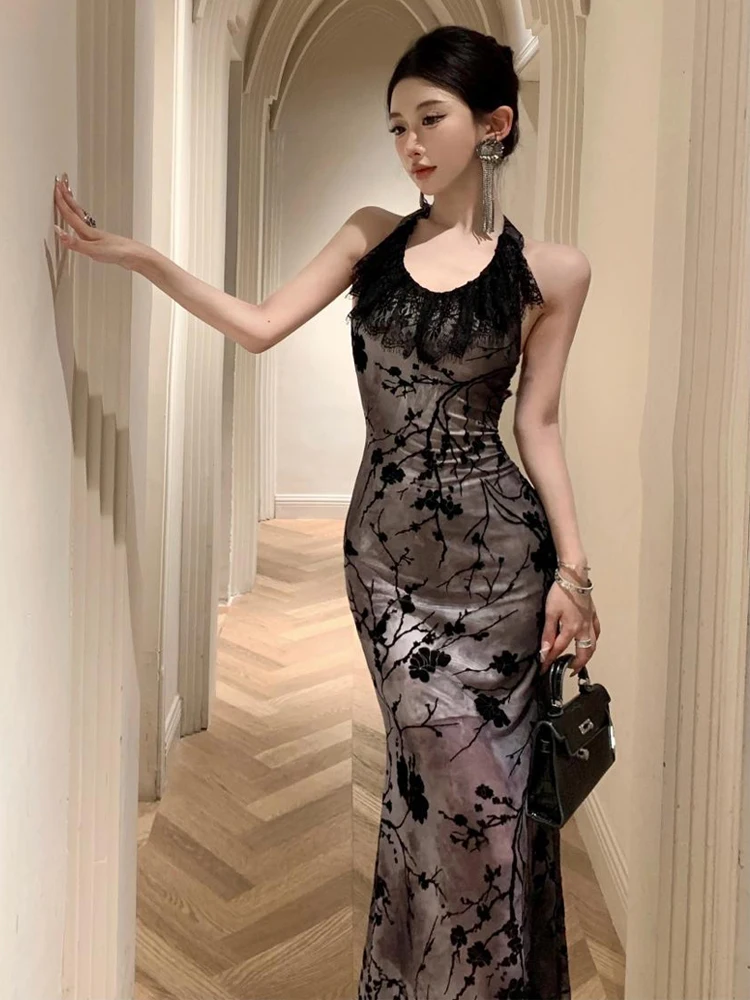 Retro Elegant Evening Long Dress Women Clothes Sweet Holiday Sheer Black Lace Ruffles Halter Backless Robe Party Prom Vestidos
Retro Elegant Evening Long Dress Women Clothes Sweet Holiday Sheer Black Lace Ruffles Halter Backless Robe Party Prom Vestidos