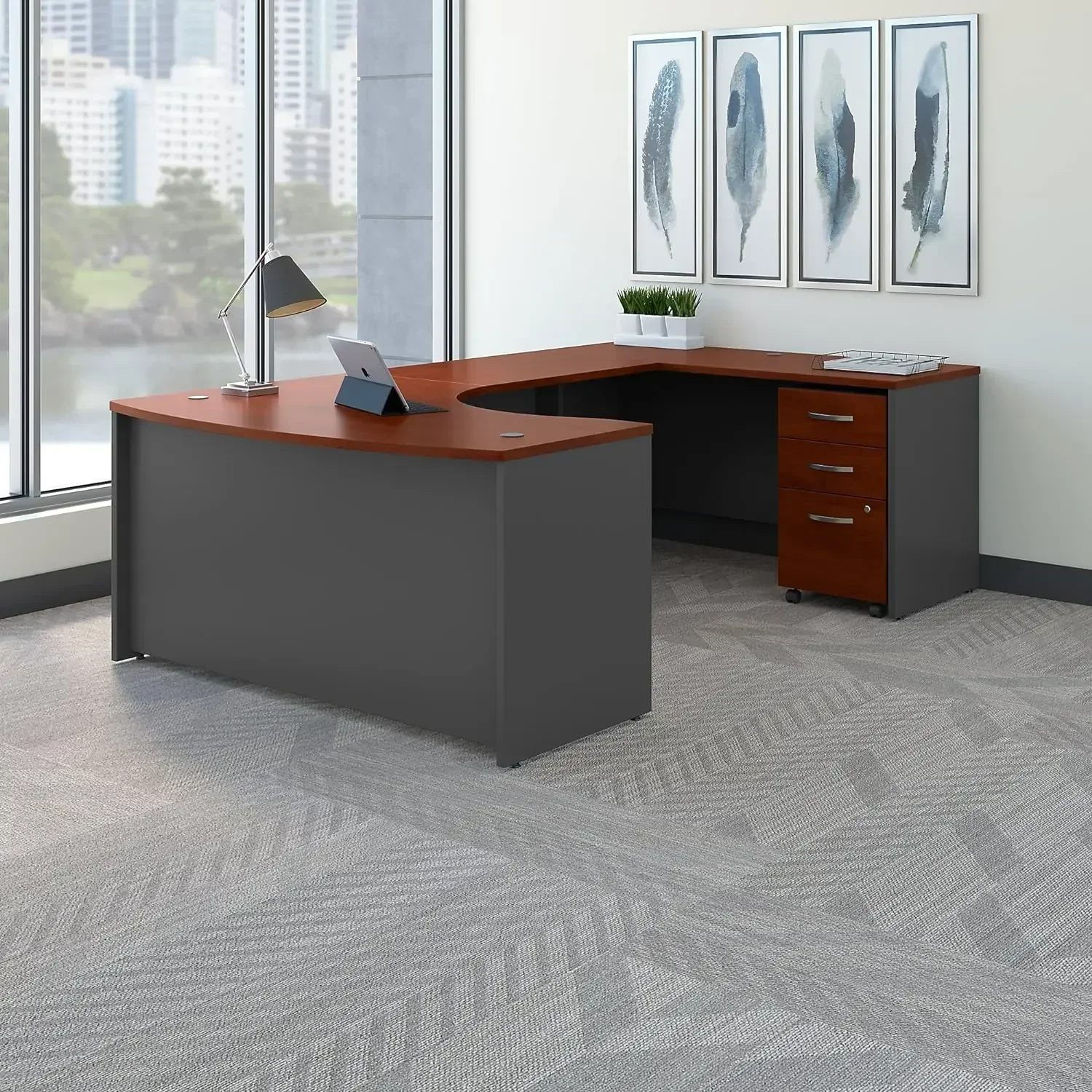 Office Suite SRC089HCSU,Hansen Cherry, Bundle includes:60W x 43D Right Handed Bow Front Desk,36W Return,60W x 24D Desk Credenza
Office Suite SRC089HCSU,Hansen Cherry, Bundle includes:60W x 43D Right Handed Bow Front Desk,36W Return,60W x 24D Desk Credenza