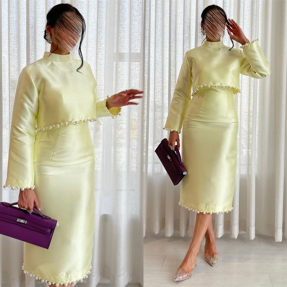 Customized Exquisite Yellow Satin Dresses 2025 Woman Temperament High Collar Long Sleeves Evening Dress Pearls Prom Dress
Customized Exquisite Yellow Satin Dresses 2025 Woman Temperament High Collar Long Sleeves Evening Dress Pearls Prom Dress