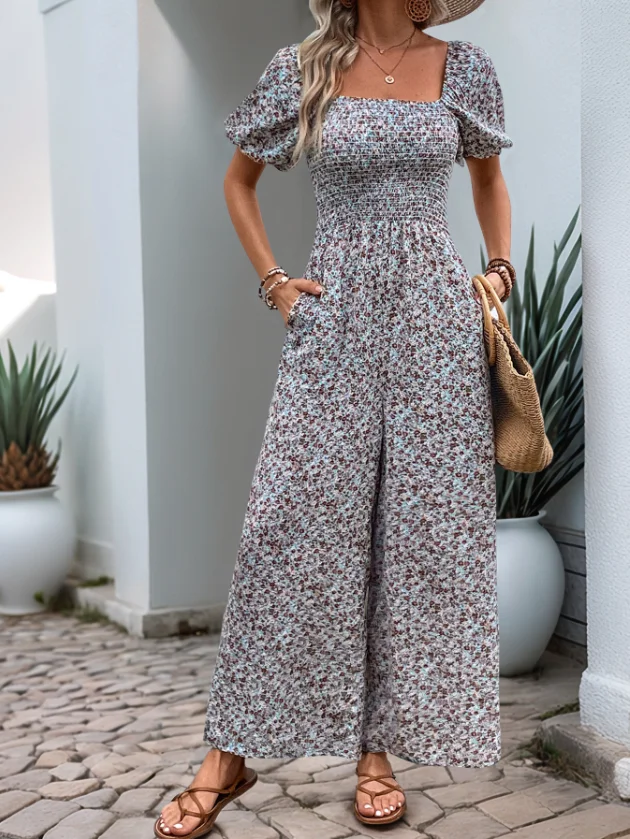 New Fashion 2025 Summer Casual Sexy Elegant Square Neck Bubble Sleeves Wide Leg Pants Summer Vacation Style Floral Jumpsuit
New Fashion 2025 Summer Casual Sexy Elegant Square Neck Bubble Sleeves Wide Leg Pants Summer Vacation Style Floral Jumpsuit