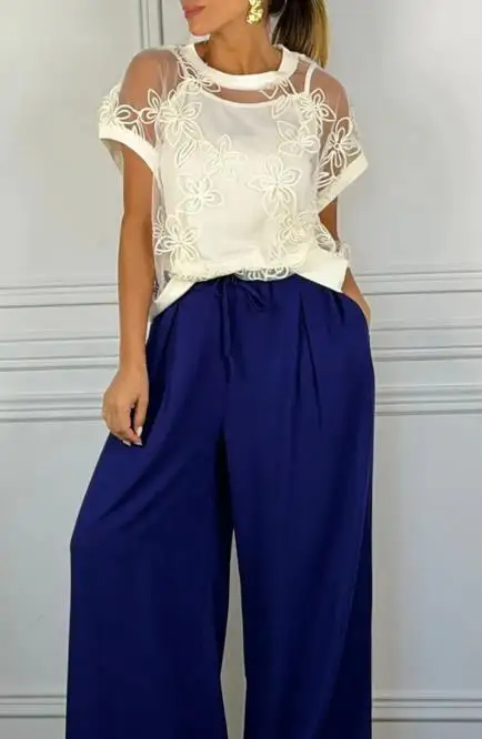 Top Women 2026 Spring Summer New Sexy Lace See Through Mesh Floral Round Neck Short Sleeve Loose Versatile T-Shirt with Cami
Top Women 2026 Spring Summer New Sexy Lace See Through Mesh Floral Round Neck Short Sleeve Loose Versatile T-Shirt with Cami