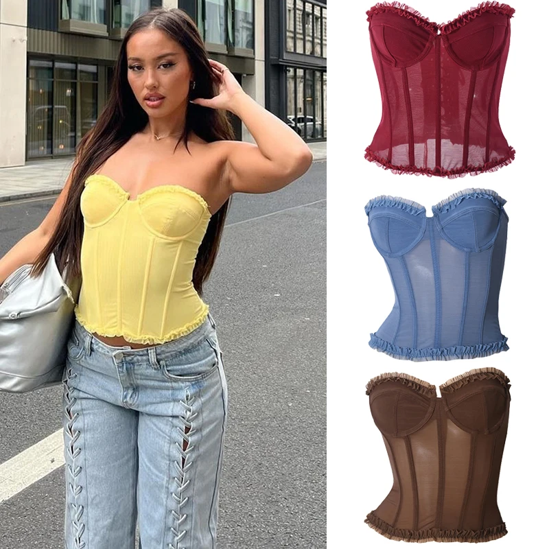 Women Sheer Lingerie Streetwear Lace-up Bustier Corset Tops Slim Backless y2k Tank Top Strapless Striped Sheath Sexy Camisole
Women Sheer Lingerie Streetwear Lace-up Bustier Corset Tops Slim Backless y2k Tank Top Strapless Striped Sheath Sexy Camisole