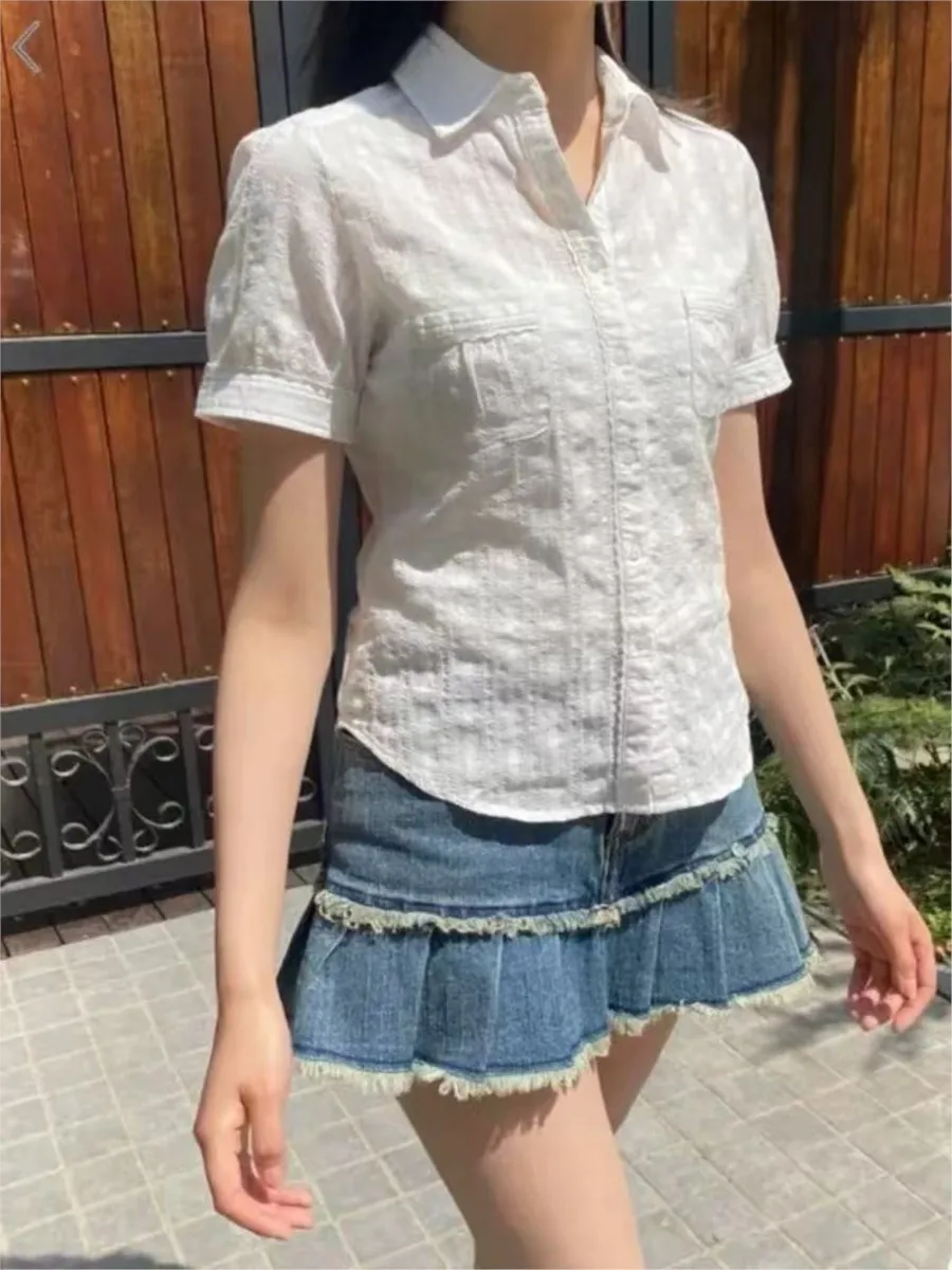 White Textured Turndown Collar Blouse Women Summer Pockets Single Breasted Short Sleeve Shirts Tops Vintage Sweet Y2K Blouses
White Textured Turndown Collar Blouse Women Summer Pockets Single Breasted Short Sleeve Shirts Tops Vintage Sweet Y2K Blouses