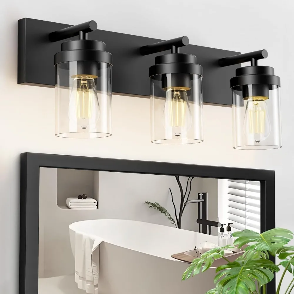 Matte Black 3 Light Bathroom Vanity Light Fixture with Clear Glass Shade Modern Farmhouse Rustic Over Mirror Lighting
Matte Black 3 Light Bathroom Vanity Light Fixture with Clear Glass Shade Modern Farmhouse Rustic Over Mirror Lighting