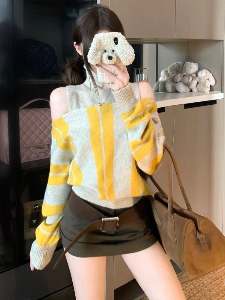 Shoulder Bared Color Block Striped Long Sleeve Knitted Sweater Women's Winter Set Half High Collar Knitted Vest Top Two Piece...
Shoulder Bared Color Block Striped Long Sleeve Knitted Sweater Women's Winter Set Half High Collar Knitted Vest Top Two Piece...