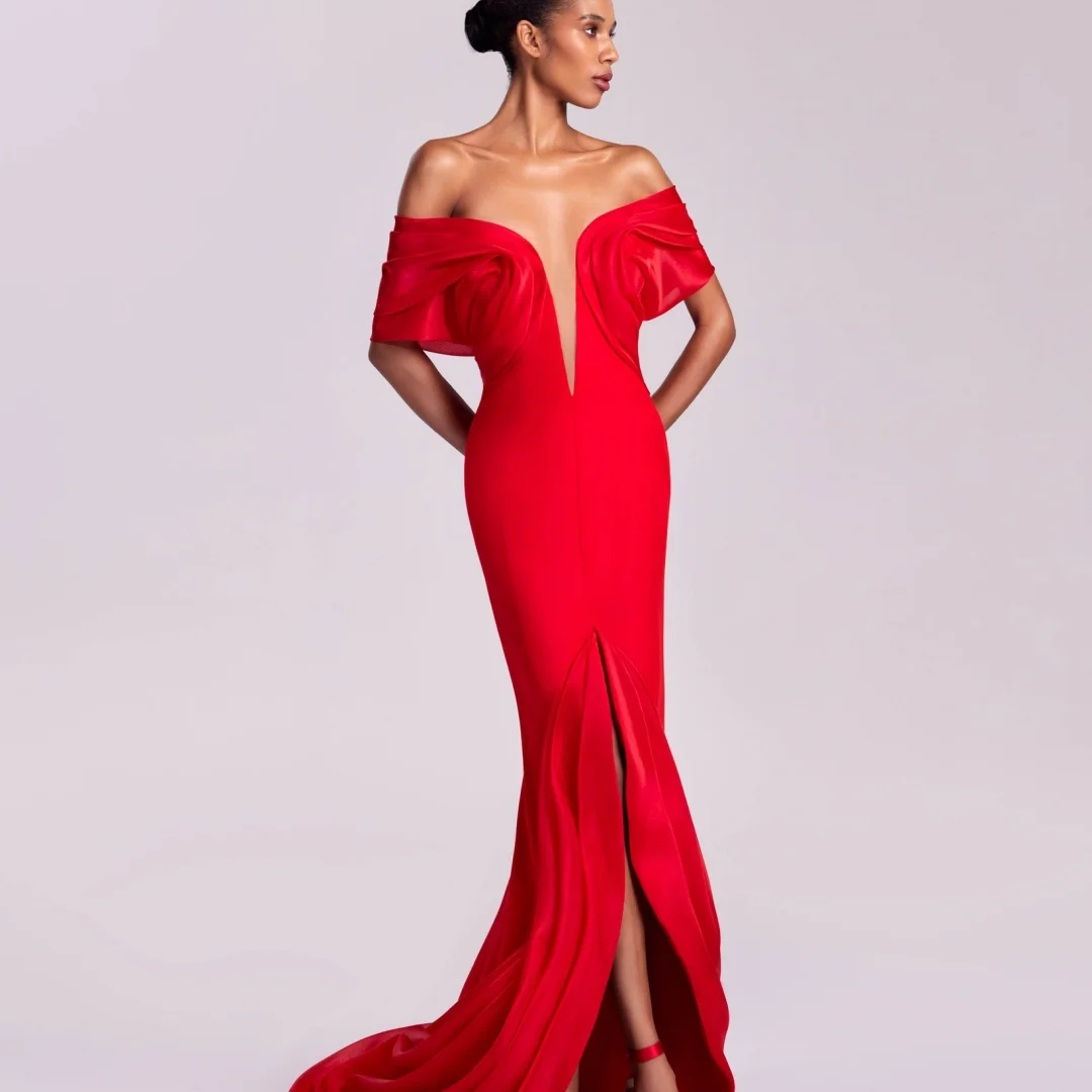 Customized High Quality Jersey Straight Off The Shoulder Evening Dresses V-Neck Short Sleeves Zipper Back Panel Train
Customized High Quality Jersey Straight Off The Shoulder Evening Dresses V-Neck Short Sleeves Zipper Back Panel Train