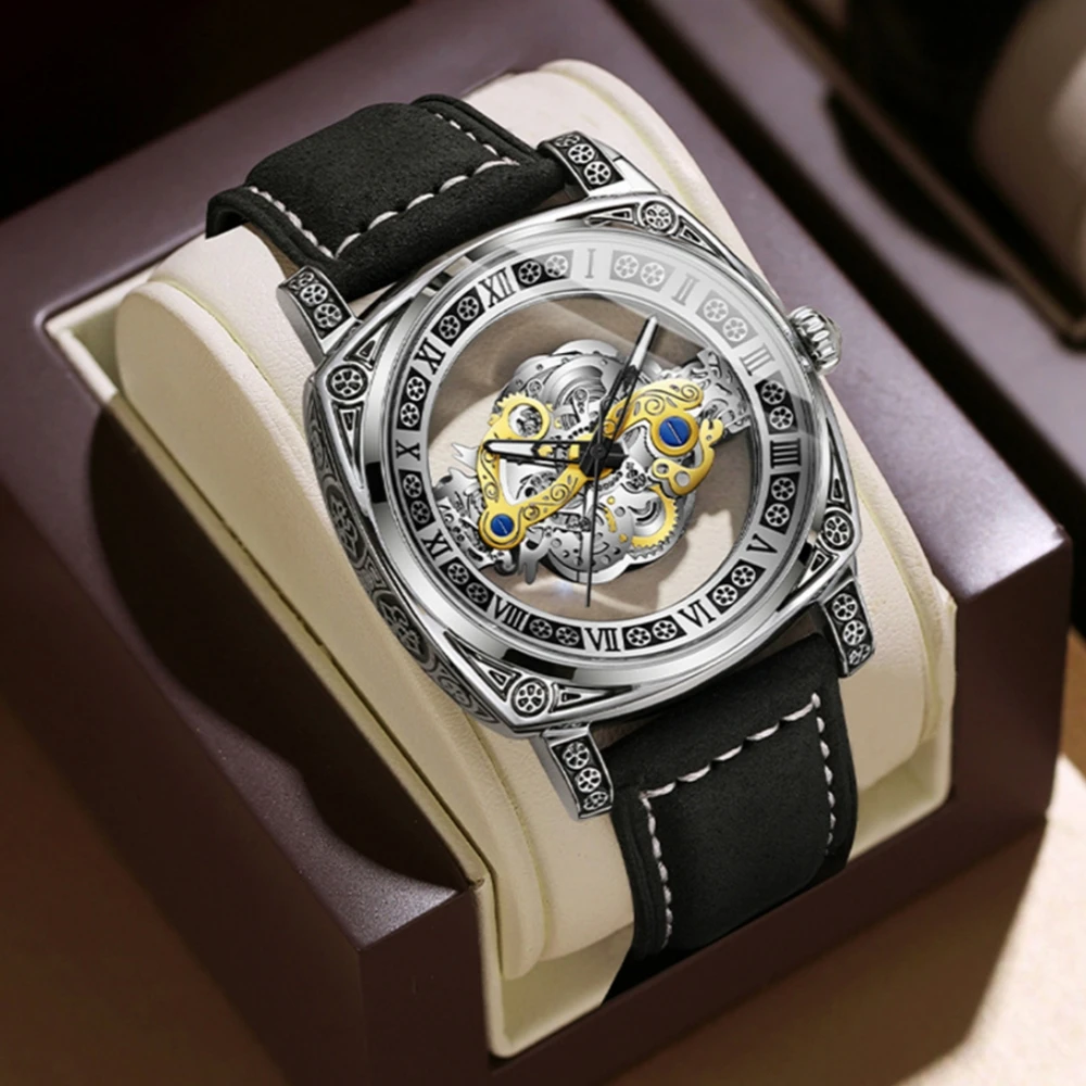 2025 Men's Fashion Luxury Skeleton Leather Belt Quartz Luminous Watches Fake Mechanical Hollow Dial Design Sports Watch For Man
2025 Men's Fashion Luxury Skeleton Leather Belt Quartz Luminous Watches Fake Mechanical Hollow Dial Design Sports Watch For Man