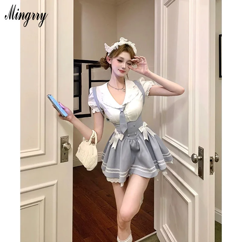 2025 Japanese Fairy Kawaii Women 2 Pieces Set Lolita Y2K Cute Short Sleeve Blouse Elegant Sweet Casual Aesthetic Mini Dress Set
2025 Japanese Fairy Kawaii Women 2 Pieces Set Lolita Y2K Cute Short Sleeve Blouse Elegant Sweet Casual Aesthetic Mini Dress Set
