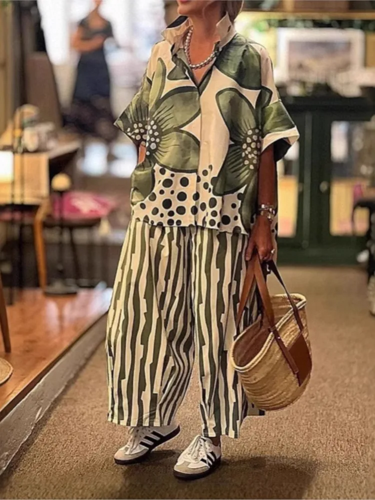 Women's New Summer Set With Fashionable Geometric Print Five Quarter Sleeves Loose Casual Collar Pants Two-piece Set
Women's New Summer Set With Fashionable Geometric Print Five Quarter Sleeves Loose Casual Collar Pants Two-piece Set