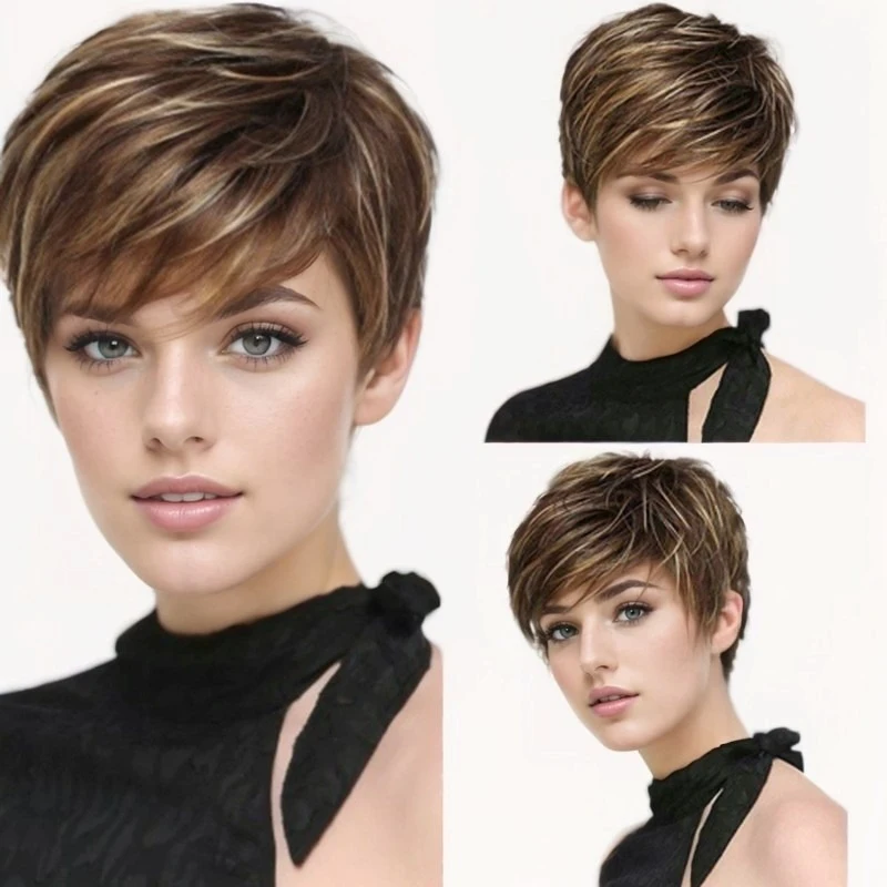 Women's short wig with side bangs, brown-gold color, made of thick high-temperature fiber
Women's short wig with side bangs, brown-gold color, made of thick high-temperature fiber