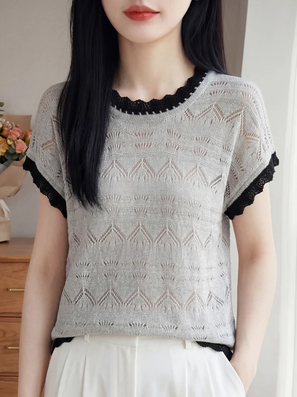 Elegant Color Block Knitted Short Sleeve T-Shirt Women's Summer Hollow out Design Fashionable Youthful Top Breathable Casual ...
Elegant Color Block Knitted Short Sleeve T-Shirt Women's Summer Hollow out Design Fashionable Youthful Top Breathable Casual ...