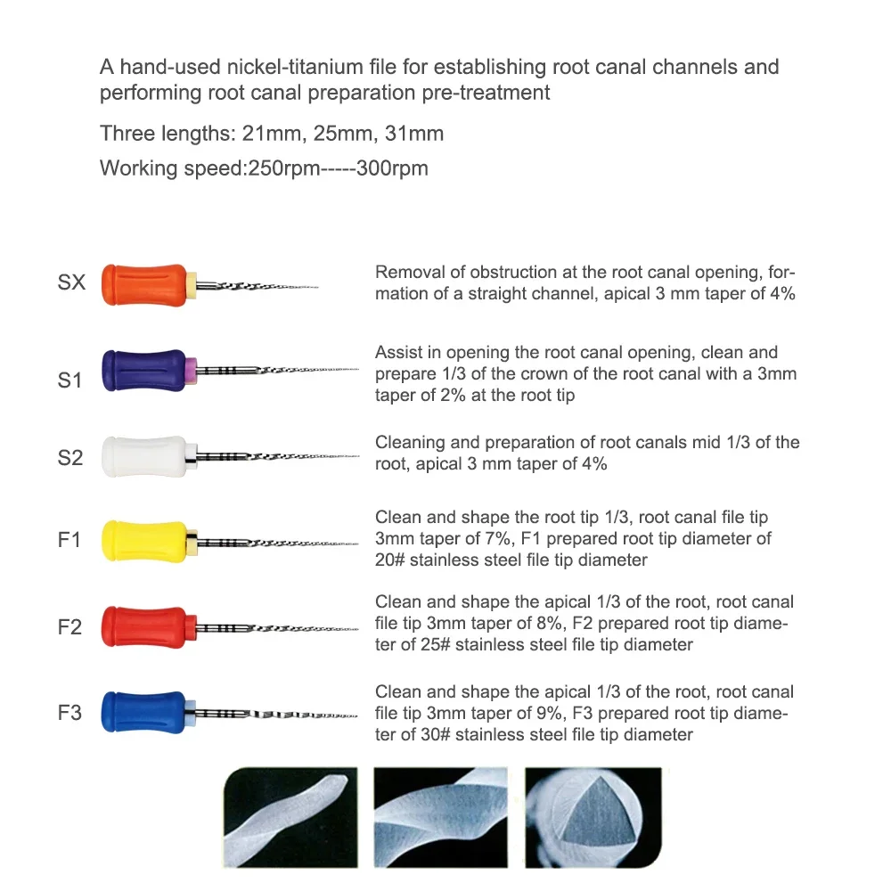 SYJH 6Pcs/Box Dental Hand Use NITI Root Canal Files 21mm/25mm/31mm Super Rotary Shaping Finishing Tools Dentist Precision Work
SYJH 6Pcs/Box Dental Hand Use NITI Root Canal Files 21mm/25mm/31mm Super Rotary Shaping Finishing Tools Dentist Precision Work