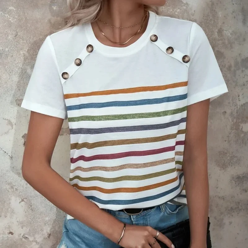 2023 Summer Trendy New Casual Temperament Versatile Top Stripe Print Spliced Button Short Sleeve Loose Round Neck Pullover Shirt
2023 Summer Trendy New Casual Temperament Versatile Top Stripe Print Spliced Button Short Sleeve Loose Round Neck Pullover Shirt