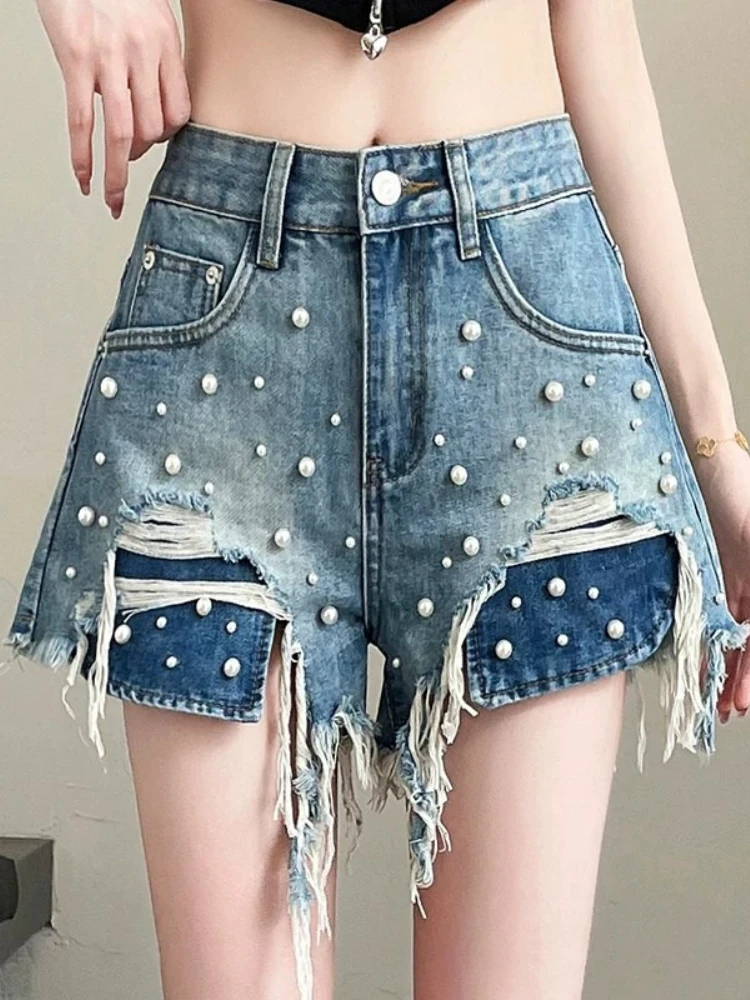 Ripped Denim Shorts Women Summer Lightweight Designer Heavy Beaded Wide Leg High Waist A Line Sexy Girl Chic Super Hot Pants
Ripped Denim Shorts Women Summer Lightweight Designer Heavy Beaded Wide Leg High Waist A Line Sexy Girl Chic Super Hot Pants