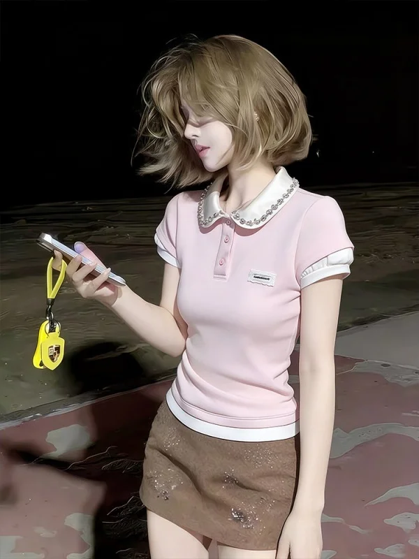 Korean Style Pink Heavy Work Short Sleeve T-Shirt Women's Summer Short Waist Slim Fit Shoulder Top Fake Two-Piece Turn-down C...
Korean Style Pink Heavy Work Short Sleeve T-Shirt Women's Summer Short Waist Slim Fit Shoulder Top Fake Two-Piece Turn-down C...