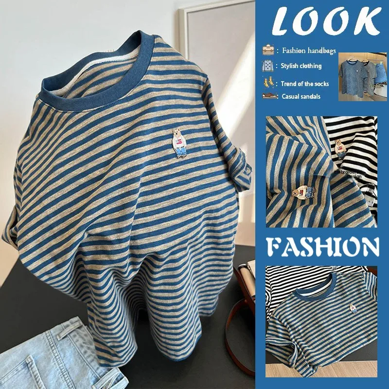 Blue Striped Short Sleeve Pure Cotton T-Shirt Women's Fashionable Korean Style Loose Fit Casual Summer Top round Neck Tee
Blue Striped Short Sleeve Pure Cotton T-Shirt Women's Fashionable Korean Style Loose Fit Casual Summer Top round Neck Tee