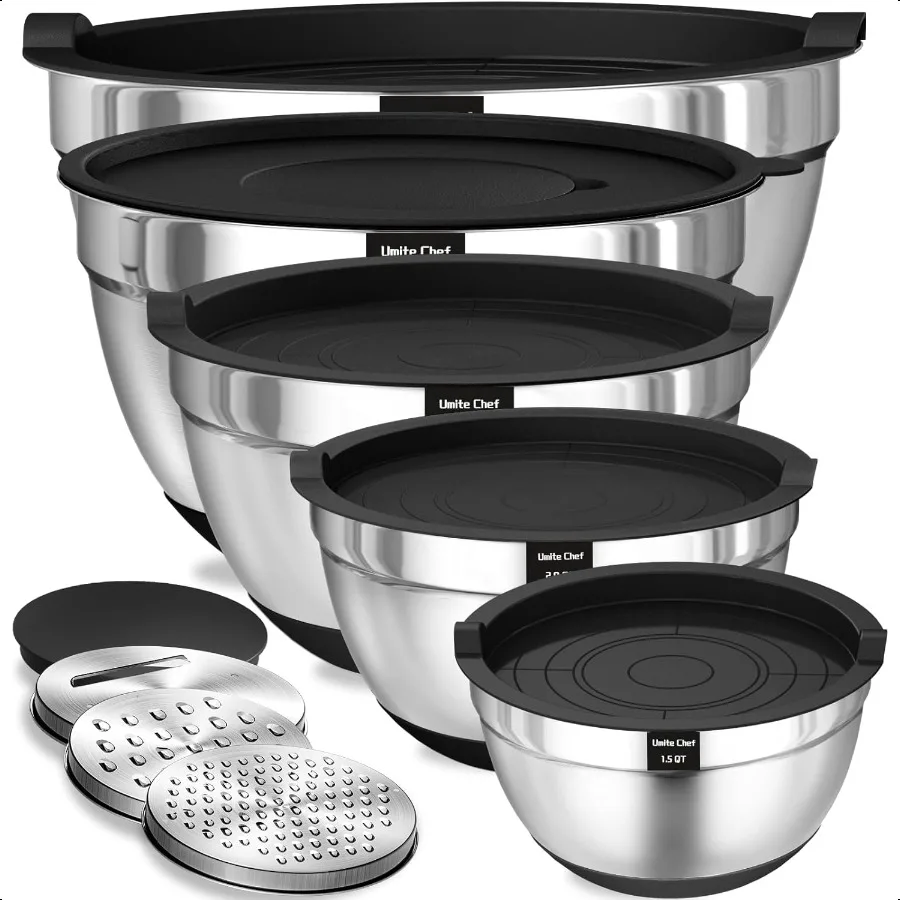 Mixing Bowls with Airtight Lids 8PCS Stainl Steel Nesting Mixing Bowls Set 3 Grater Attachments NonSlip Bot Black Kitchen Bowls
Mixing Bowls with Airtight Lids 8PCS Stainl Steel Nesting Mixing Bowls Set 3 Grater Attachments NonSlip Bot Black Kitchen Bowls