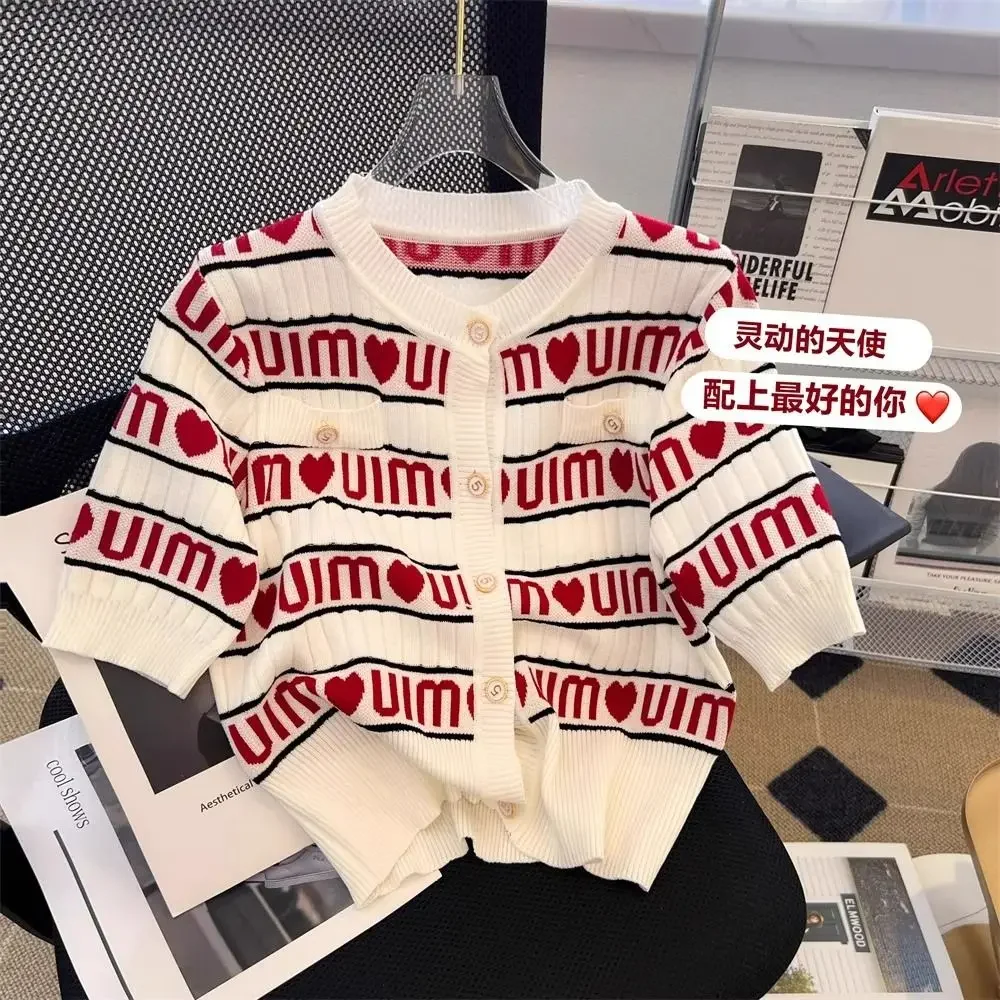 Nice Spring Summer Fashion Letter Short Sleeve Knitting Female All-match Striped Cardigan Sweater Women All-match Buttons Top Te
Nice Spring Summer Fashion Letter Short Sleeve Knitting Female All-match Striped Cardigan Sweater Women All-match Buttons Top Te