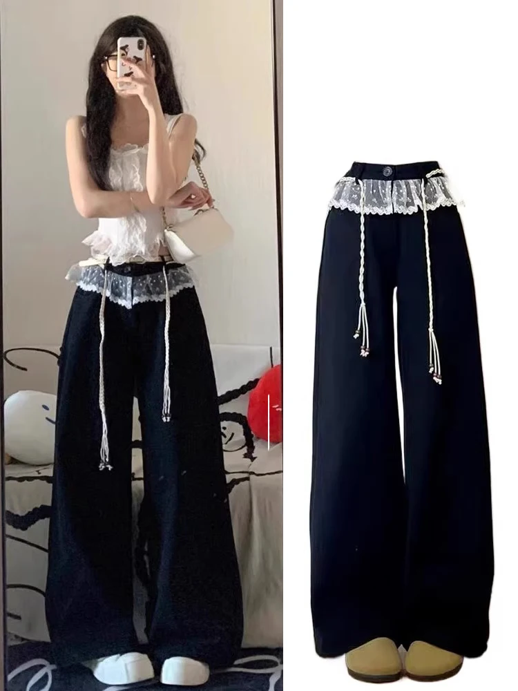 Black Lace Trim Wide Leg Pants Women's Casual Spring Summer Patchwork Design Unique Workwear Comfortable High Waist Trousers
Black Lace Trim Wide Leg Pants Women's Casual Spring Summer Patchwork Design Unique Workwear Comfortable High Waist Trousers