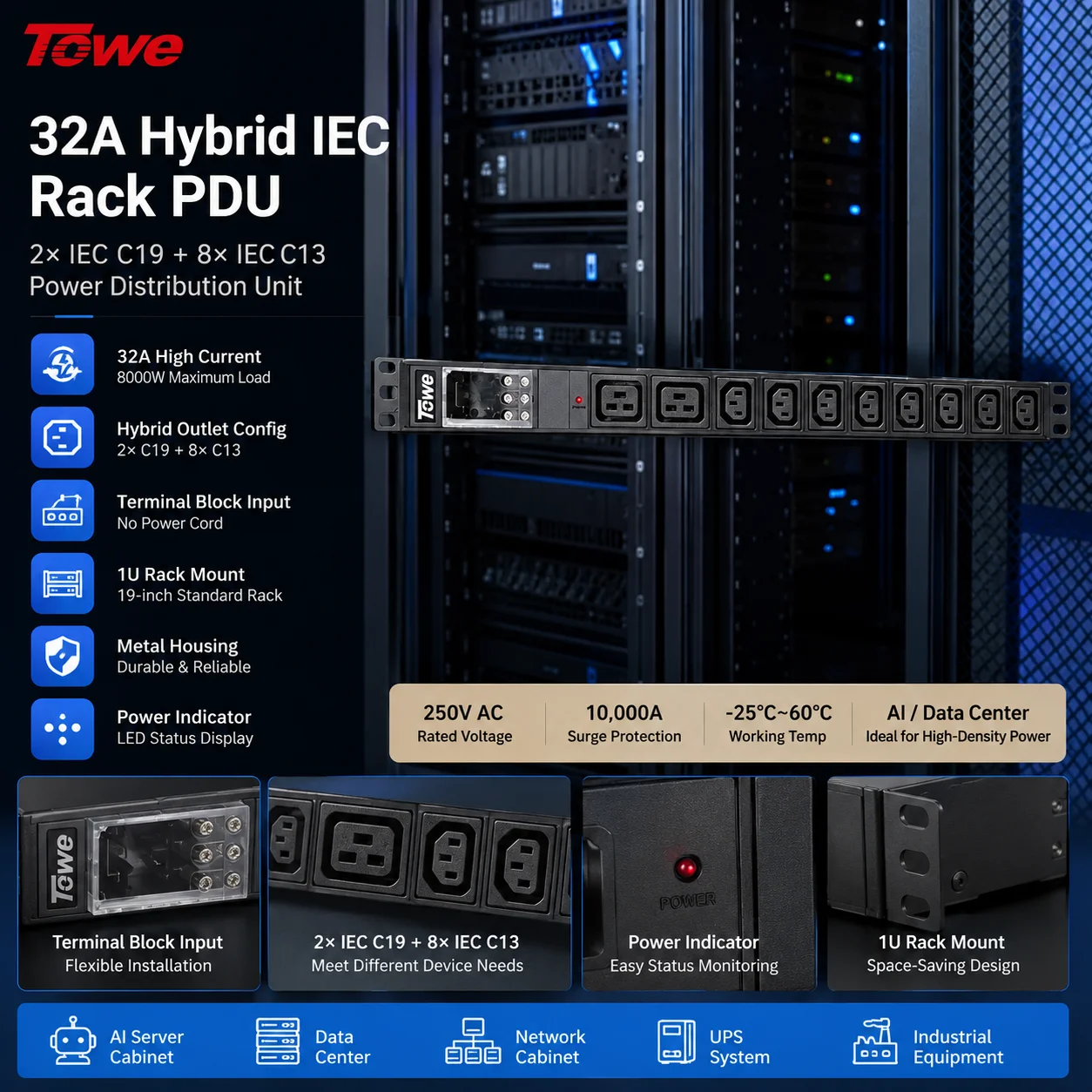 TOWE Hybrid IEC Rack PDU 32A 8000W 2 C19 + 8 C13 Power Distribution Unit Terminal Block Input for AI Server Data Center Cabinet
TOWE Hybrid IEC Rack PDU 32A 8000W 2 C19 + 8 C13 Power Distribution Unit Terminal Block Input for AI Server Data Center Cabinet