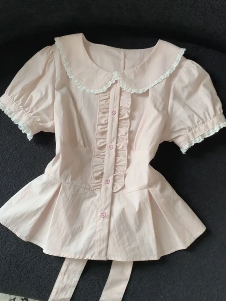 Summer Sweet Pink Shirt Women Lace Patchwork Cute Peter Pan Collar Blouse Fashion Slim Short Sleeve Kawaii Back Lace Up Chic Top
Summer Sweet Pink Shirt Women Lace Patchwork Cute Peter Pan Collar Blouse Fashion Slim Short Sleeve Kawaii Back Lace Up Chic Top