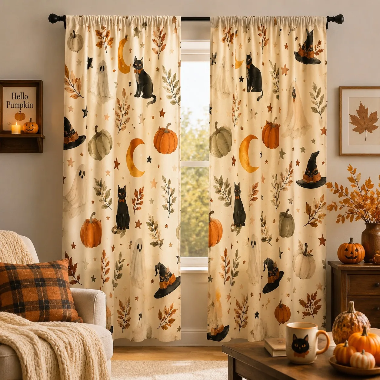 2Pcs Halloween Black Cat Pumpkin Ghost Witch Hat Moon Star Pattern Curtains, Autumn Harvest Decor, Festive Seasonal Home Decorat
2Pcs Halloween Black Cat Pumpkin Ghost Witch Hat Moon Star Pattern Curtains, Autumn Harvest Decor, Festive Seasonal Home Decorat