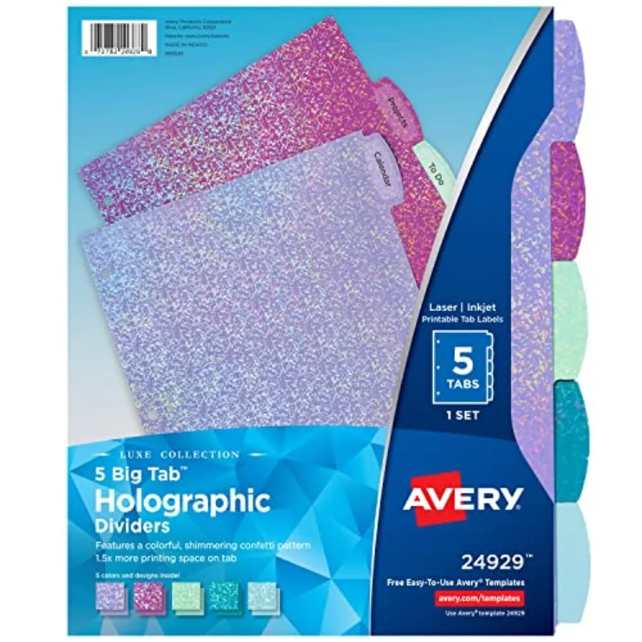 Luxe Collection Holographic Big Tab Fashion Dividers for 3 Ring Binders, 5 Tab Set, Confetti Pattern, 1 Set 24929
Luxe Collection Holographic Big Tab Fashion Dividers for 3 Ring Binders, 5 Tab Set, Confetti Pattern, 1 Set 24929