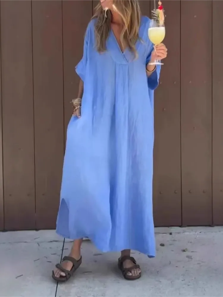 Woman's Summer Leisure Solid Color Long Dress Fashion V-neck Short Sleeves Loose Dresses Ladies Simple Style Vacation Vestidos
Woman's Summer Leisure Solid Color Long Dress Fashion V-neck Short Sleeves Loose Dresses Ladies Simple Style Vacation Vestidos