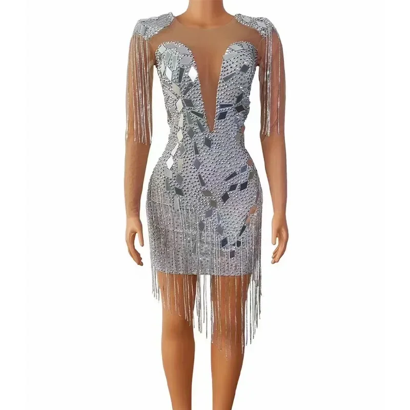 Birthday Party Dress Mirrors Crystals Chains Mesh Dress See Through Celebrate Fringes Costume Nightclub Stage outfit
Birthday Party Dress Mirrors Crystals Chains Mesh Dress See Through Celebrate Fringes Costume Nightclub Stage outfit