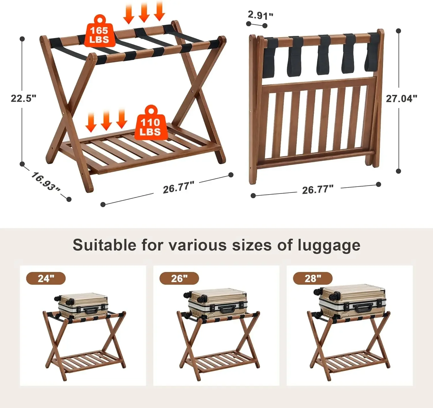 Fully Assembled Walnut Luggage Racks Set of 2, Bamboo Luggage Rack Stand for Guest Room, 5 Nylon Straps, 26.77" Folding Suitcase
Fully Assembled Walnut Luggage Racks Set of 2, Bamboo Luggage Rack Stand for Guest Room, 5 Nylon Straps, 26.77" Folding Suitcase